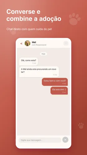 Tela de chat entre adotante e tutor do pet